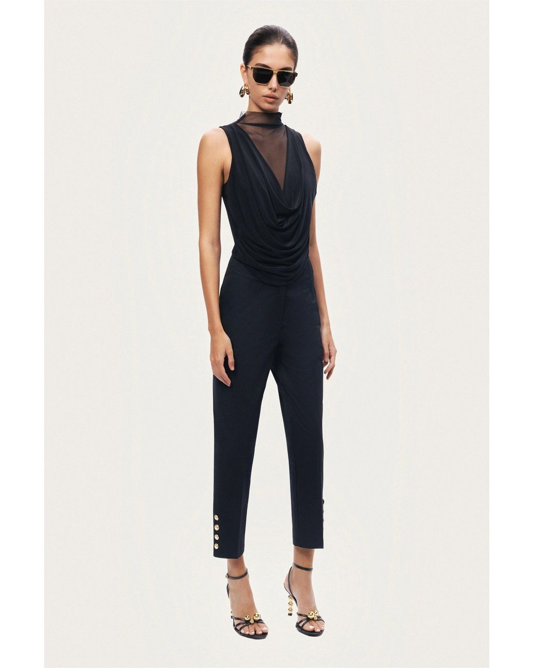 Nocturne Black Draped Mesh-Panel Bodysuit