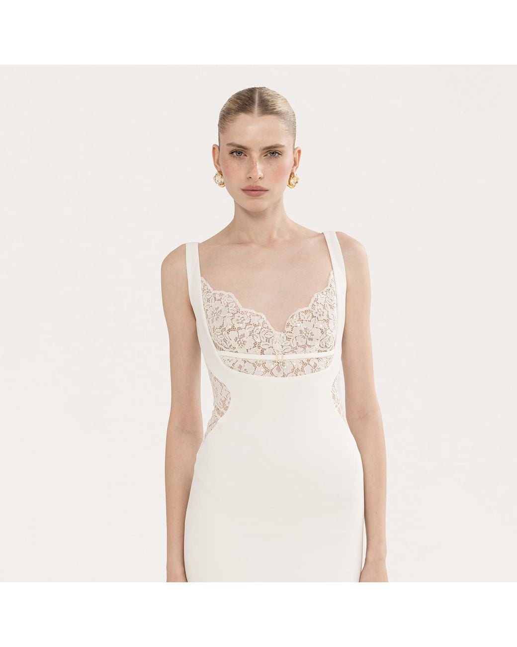 Nissa White Lace-Detail Crepe Midi Dress