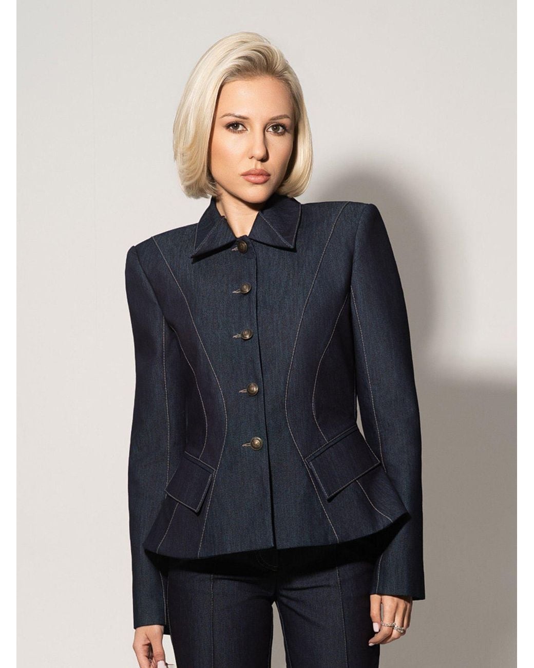 Tia Dorraine Blue Hourglass Denim Blazer Jacket – Dark