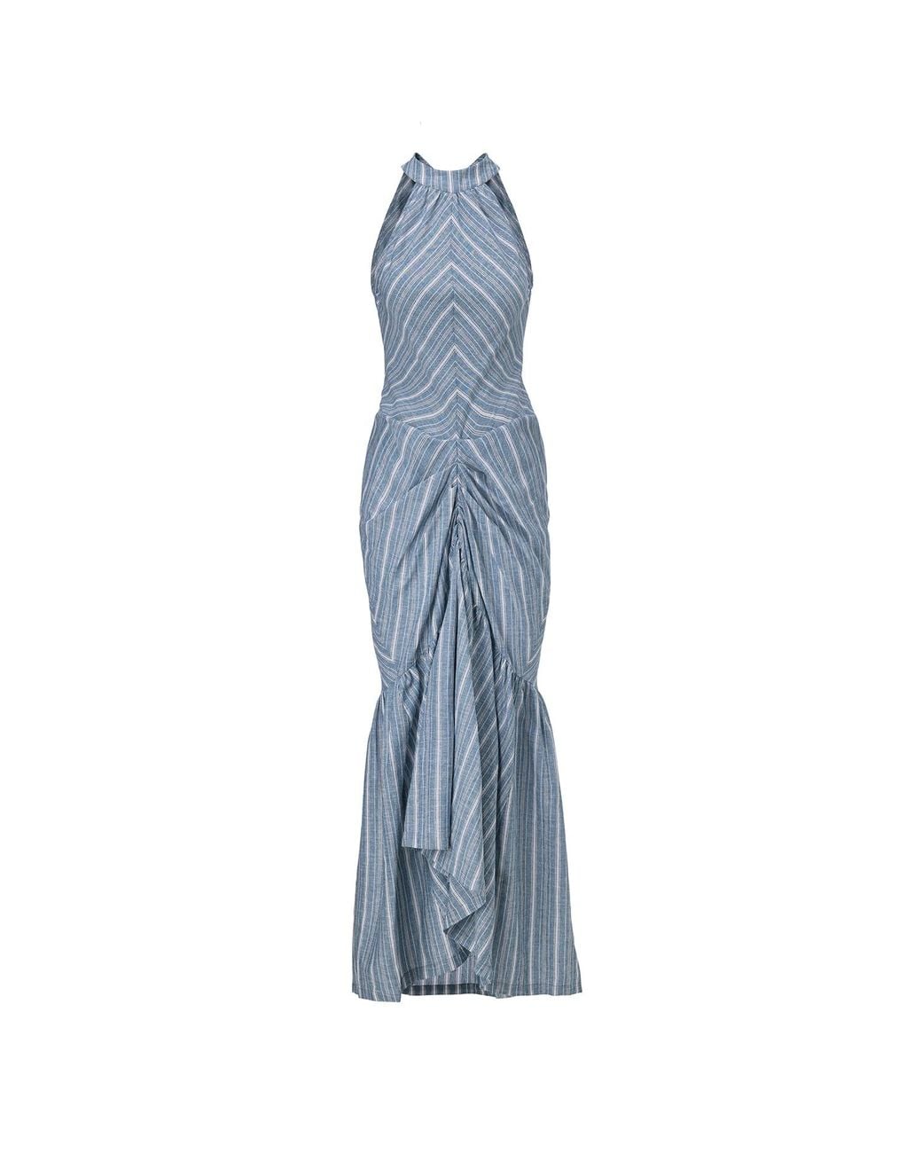 Belsize25 Blue Striped Halterneck Ruched Maxi Dress