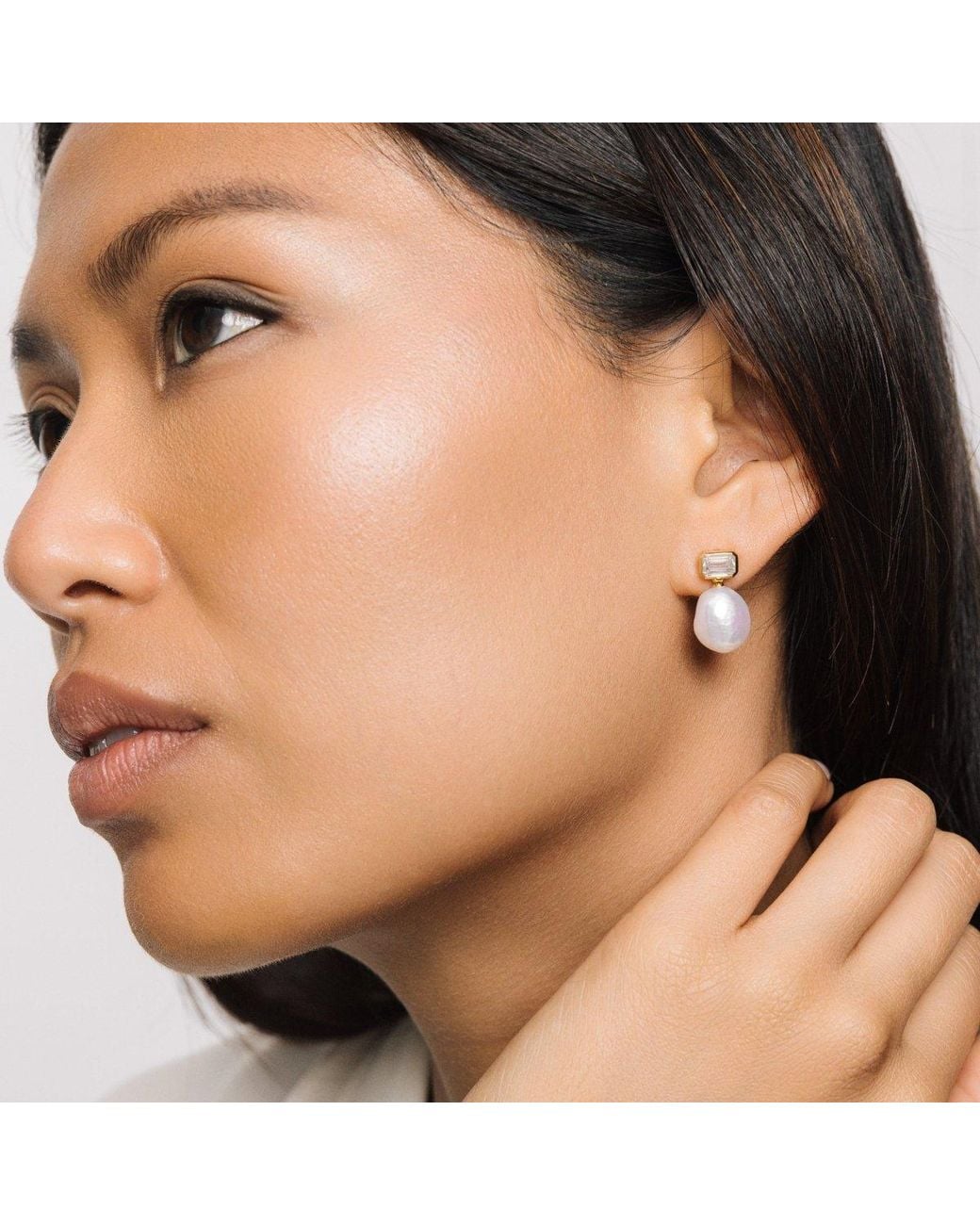 Lulu B London Metallic Pearl Drop Stud Earrings With Baguette Cubic Zirconia