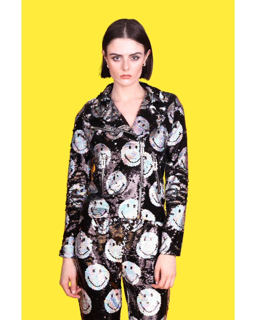Any Old Iron Black Iridescent Smiley Reversible Sequin Moto Jacket