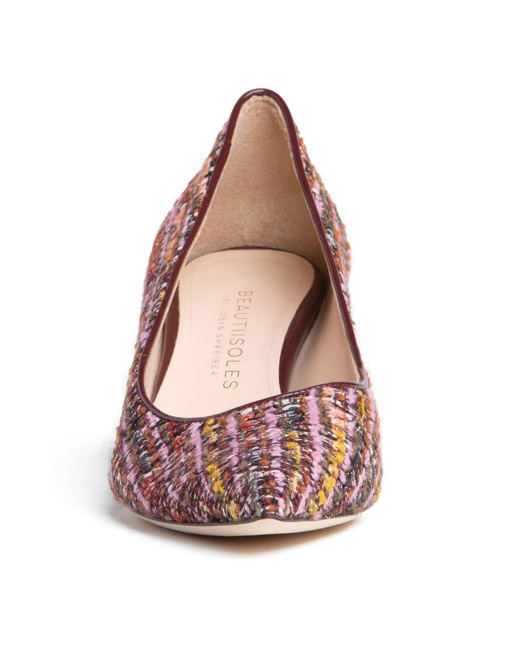 Beautiisoles by Robyn Shreiber Made in Italy Red Corina Burgundy Leather Block Heel Pump With Linen For Day & Night Wear