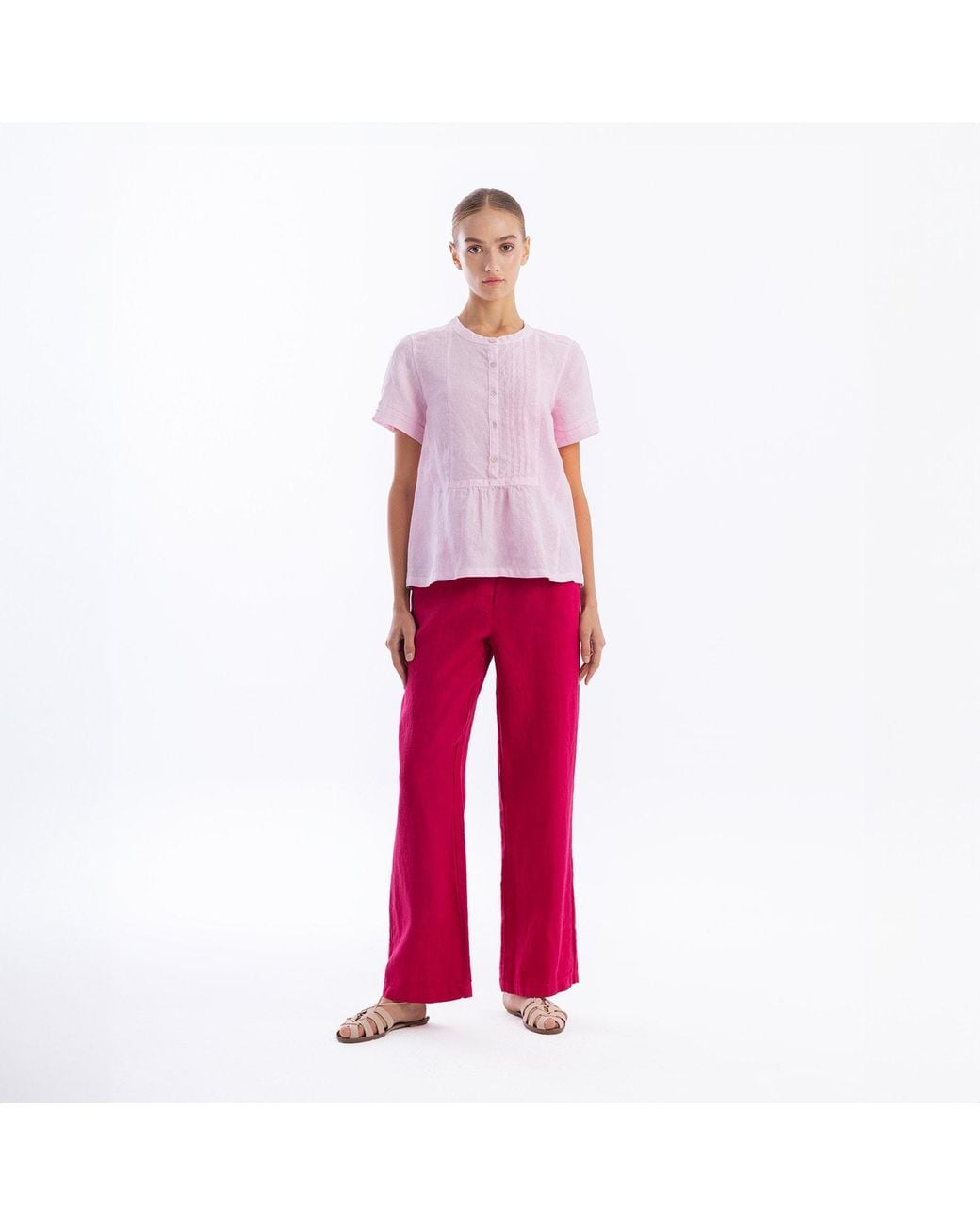 Haris Cotton Purple Linen Short Sleeve Blouse With Pintucks And Button Front Powder
