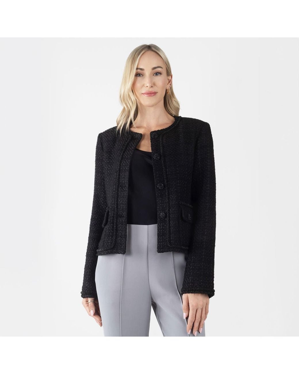 Solgo Atelier Black Pogonia Tweed Bouclé Cropped Jacket With Beaded Trim