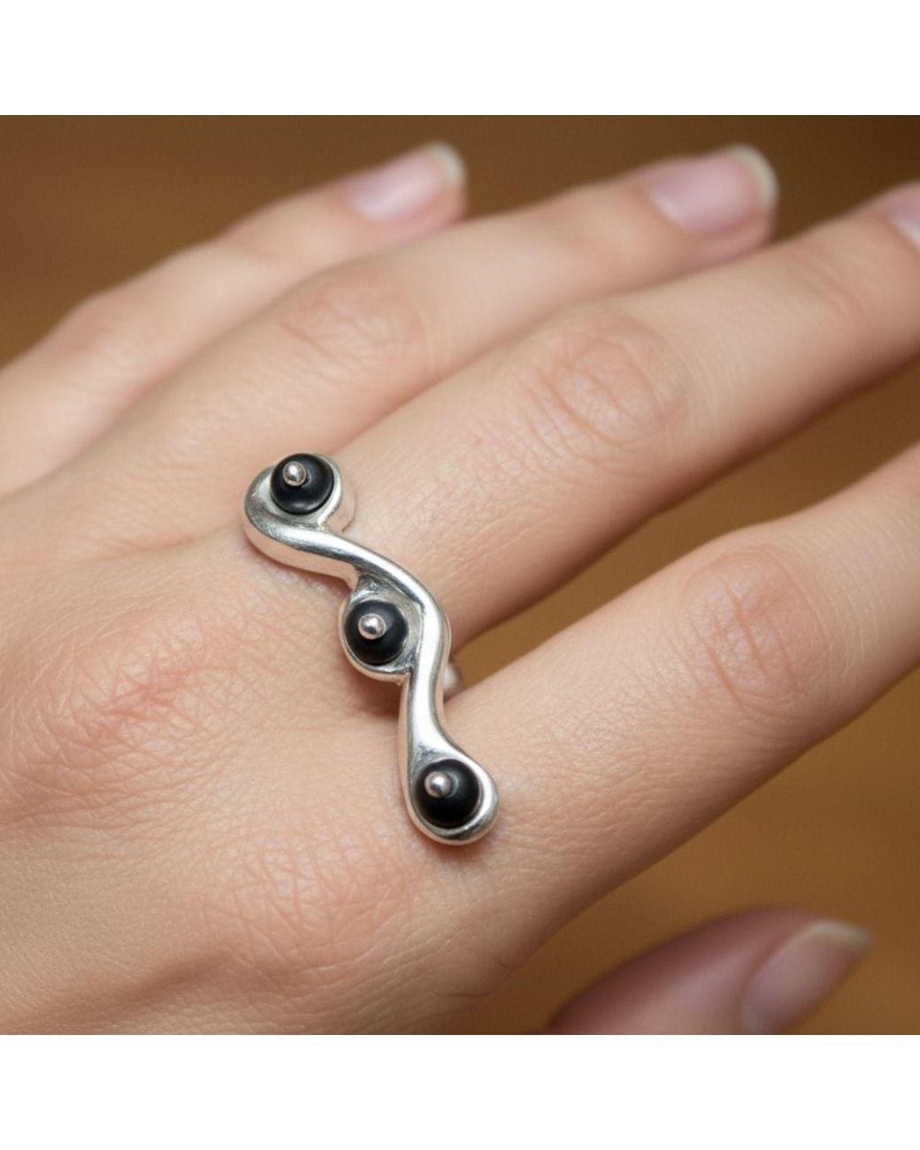 Tg-Jewellery by Tamara Gervasio Black Snake Satin Onyx Beads Ring Adjustable