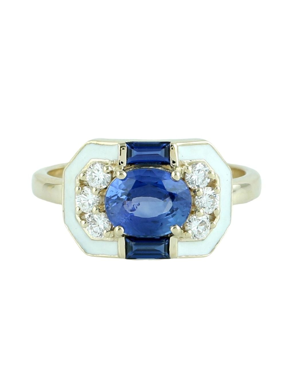 Artisan Blue 14K Sapphire, Diamond & Enamel Art Deco Ring