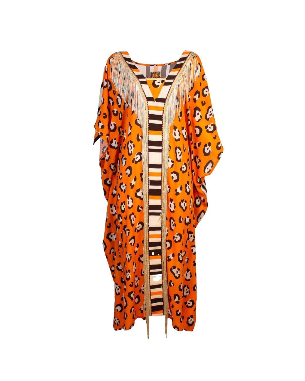 Lalipop Design Orange Leopard Print Viscose Kaftan With Fringe Details