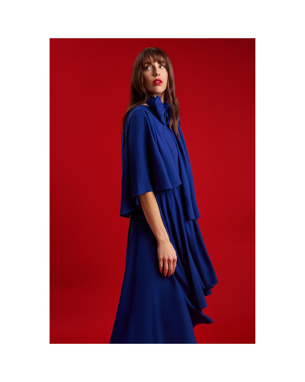 Femponiq Blue 'Bow Tie Neck Cape Sleeve Maxi Dress