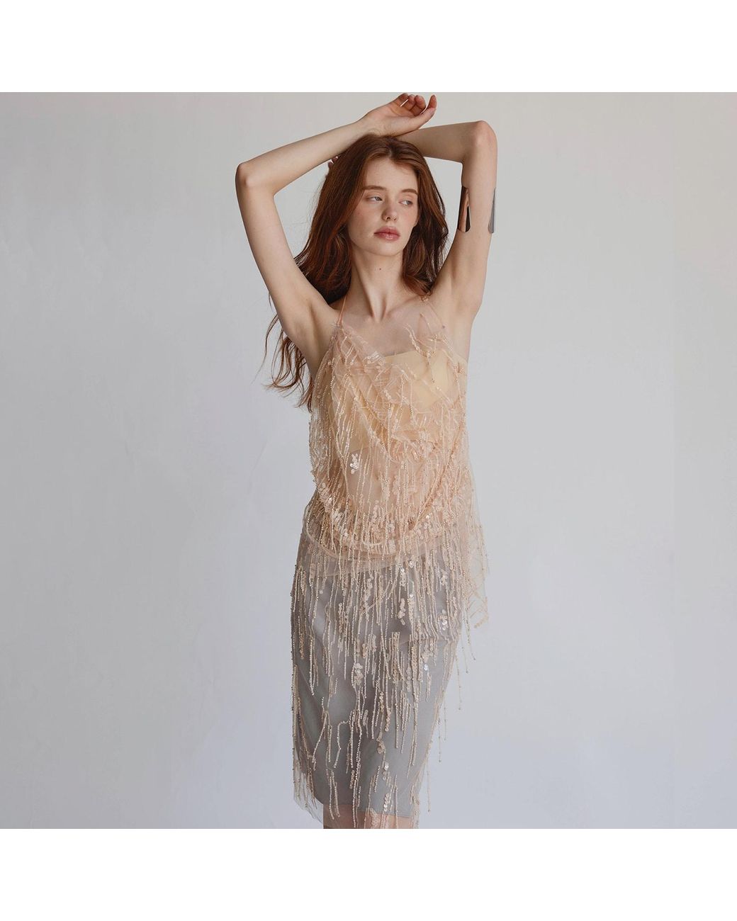 Belsize25 Natural Mayfair Series – Sheer Beaded Tassel Mesh Top