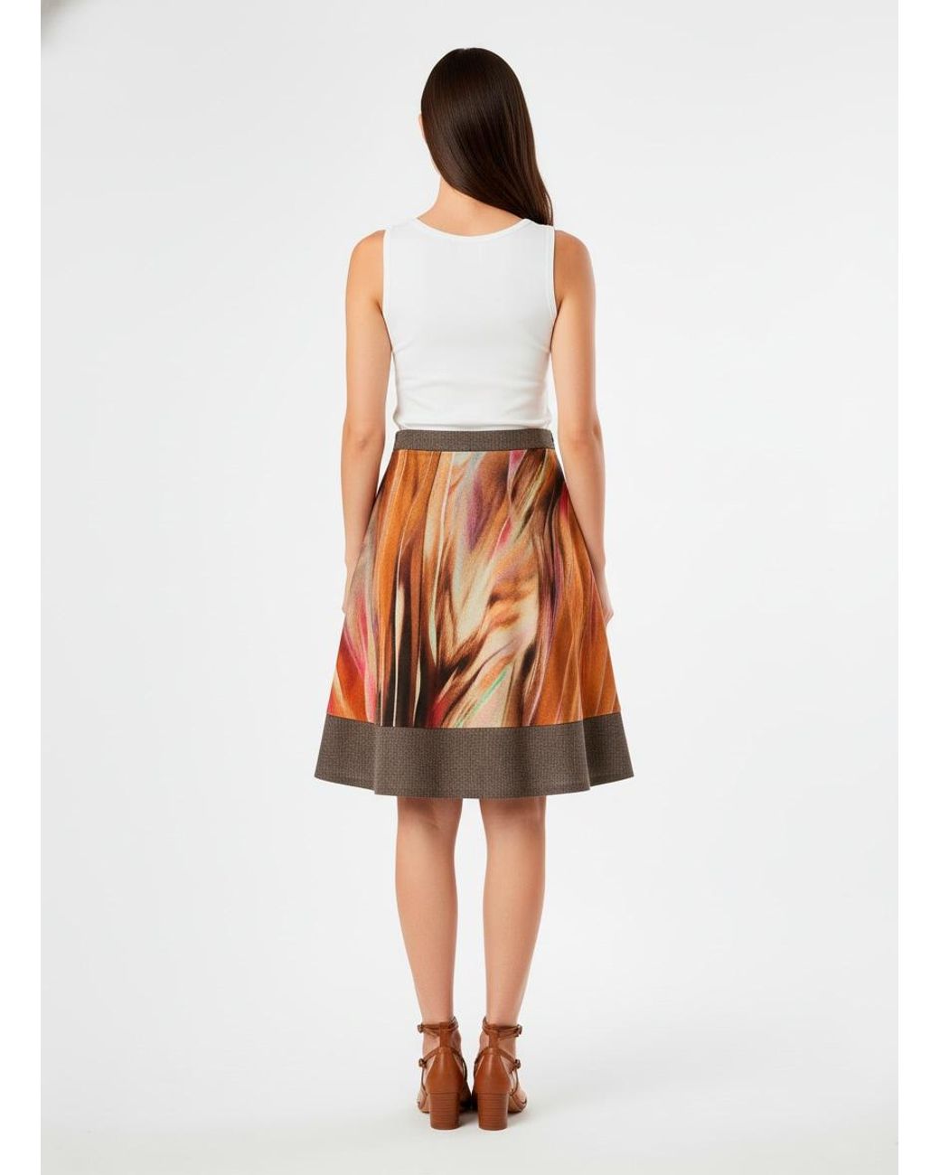 Conquista Brown A-Line Skirt With Abstract Brushstroke Print & Contrast Hem