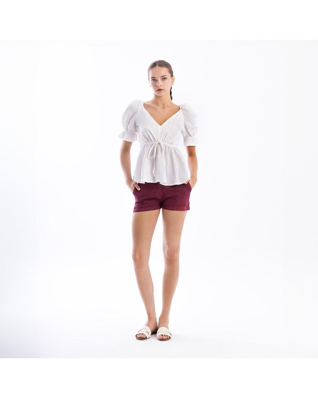 Haris Cotton White Linen Peplum Top With Puff Sleeves