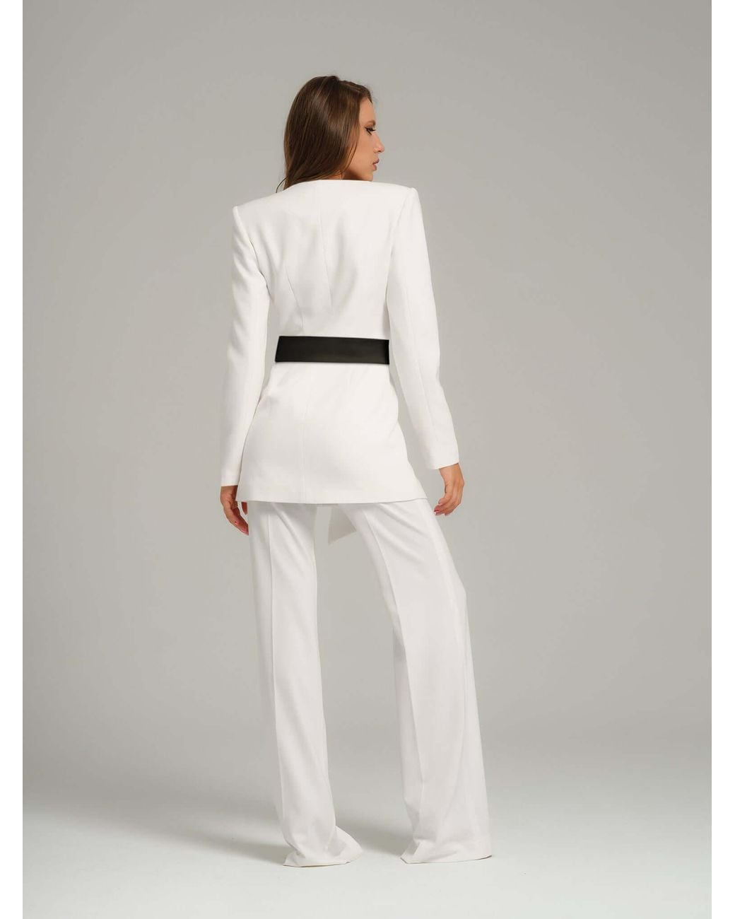 Tia Dorraine White Rare Pearl Power Suit With Detachable Bow Belt