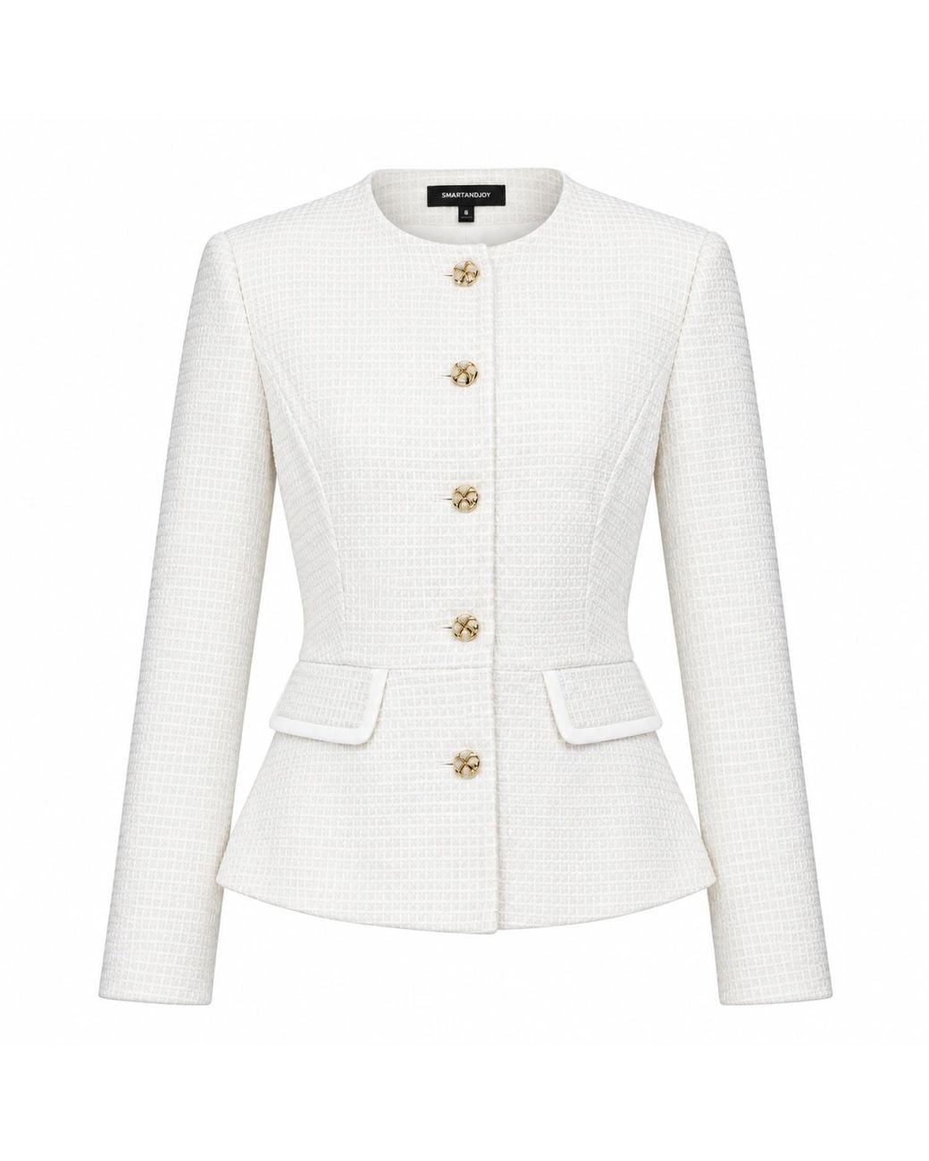 Smart and Joy White Textured Tailored Jacket With Jewelled Buttons