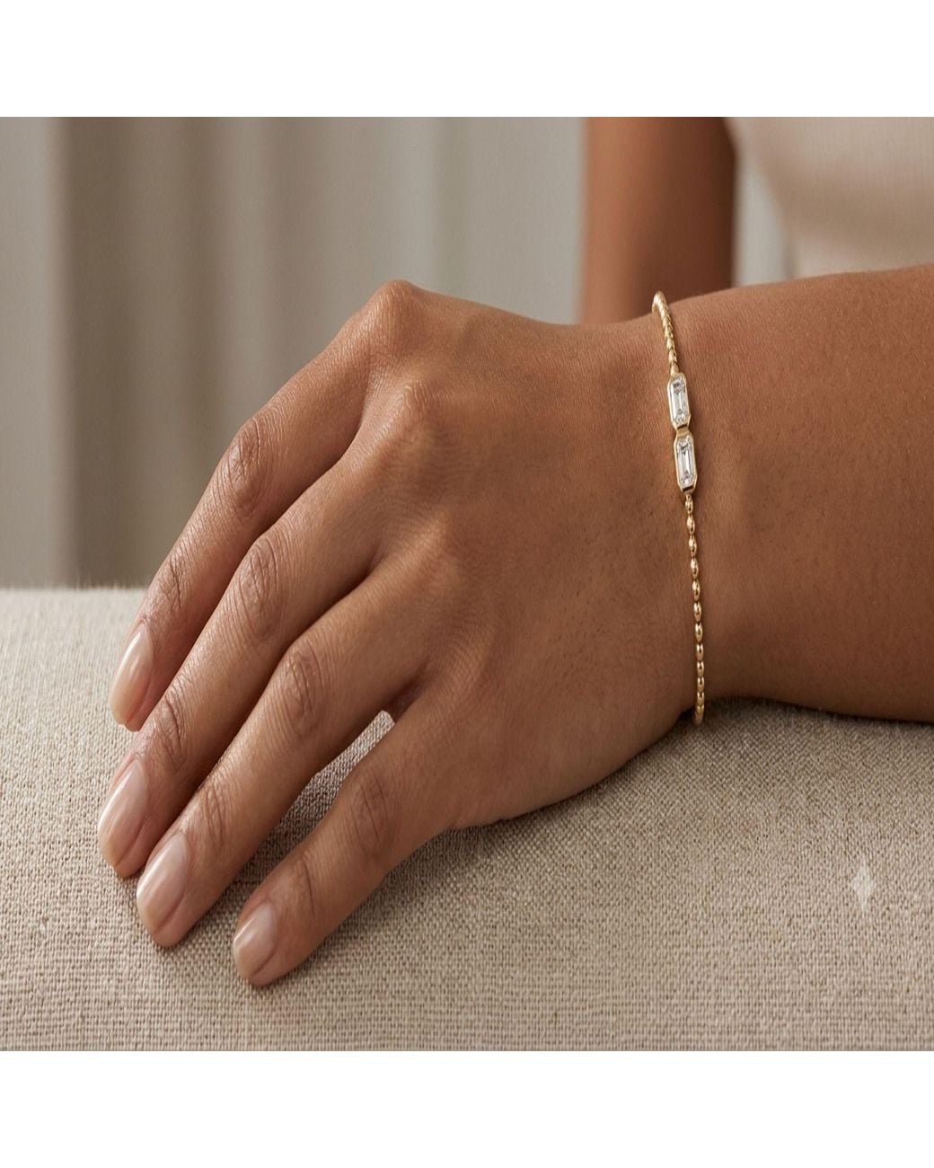 Artisan Metallic 14K Horizontal Emerald Cut Diamond Beaded Bracelet