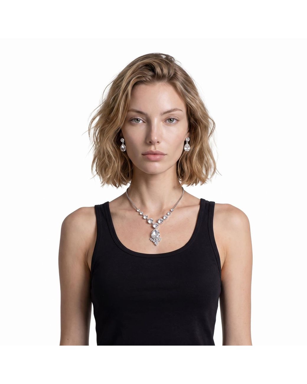 Modenaire Metallic Elegant Teardrop Crystal Necklace Earrings Set