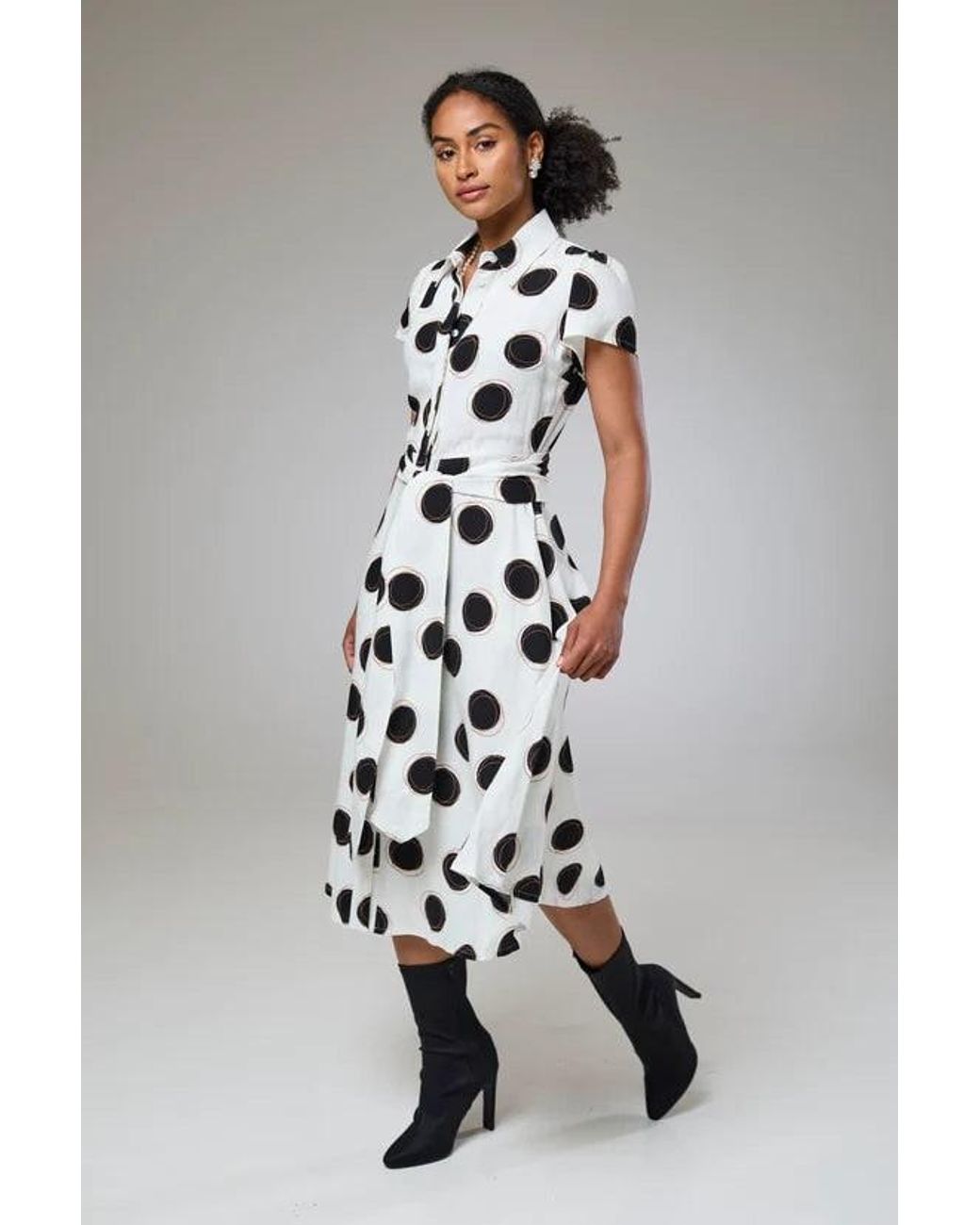 Lioness by Tf Black Absolute Polka Dot Linen Short Sleeve Shirt Dress