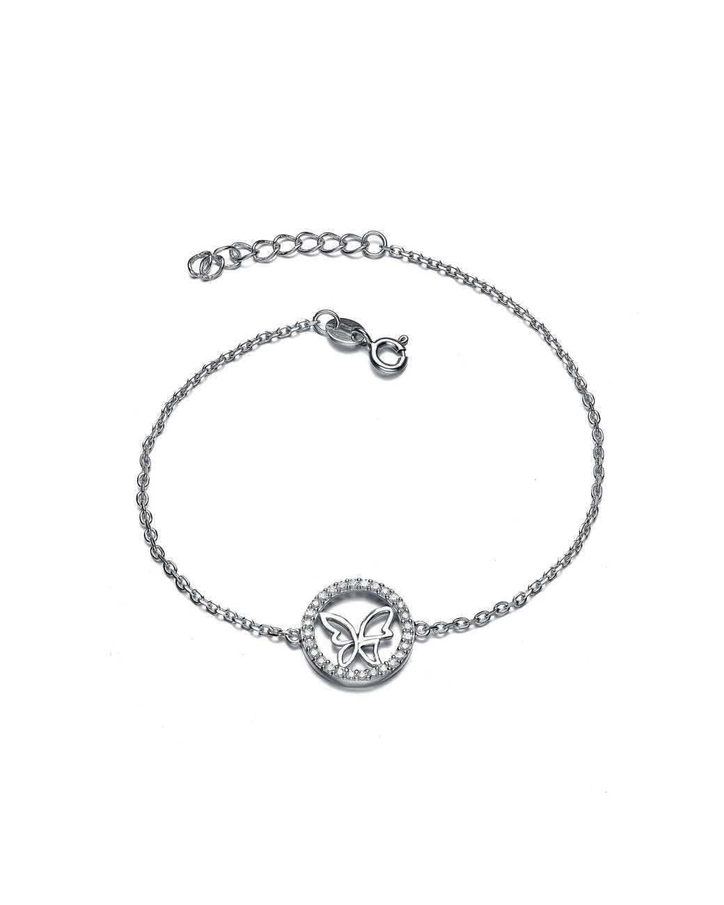 Genevive Jewelry Metallic Sterling Plated With Clear Cubic Zirconia Circle Frame Butterfly Bracelet