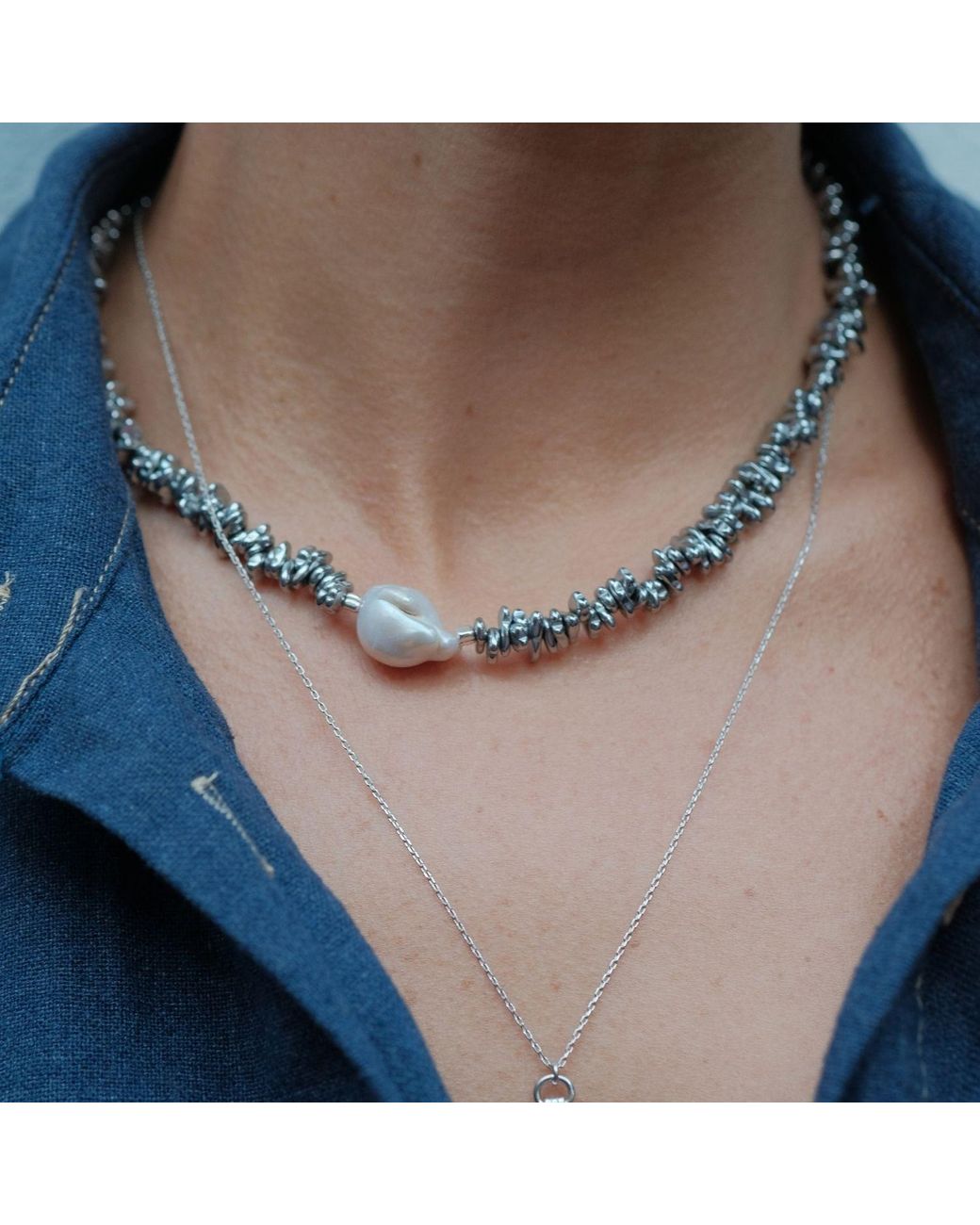 LINYA JEWELLERY Metallic Halia Hematite Stone Baroque Pearl Necklace
