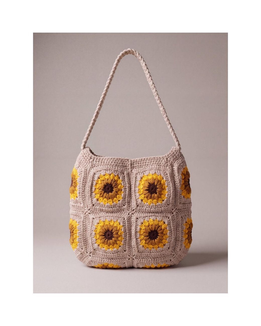 Ana Chic Brown Neutrals Oatmeal Sunflower Handmade Crochet Shoulder Bag