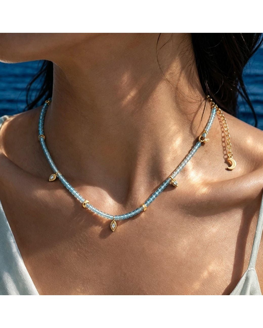 Aurozia Blue Lotus Within Vermeil Starlit Moon Topaz Choker Necklace & Bracelet