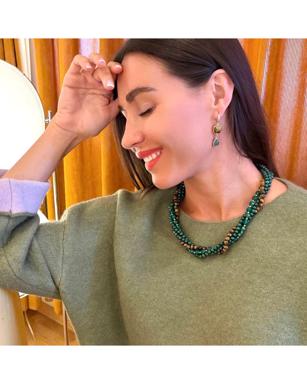 Farra Green Tiger-Eye Stone And Teardrop Aventurine Dangle Earrings