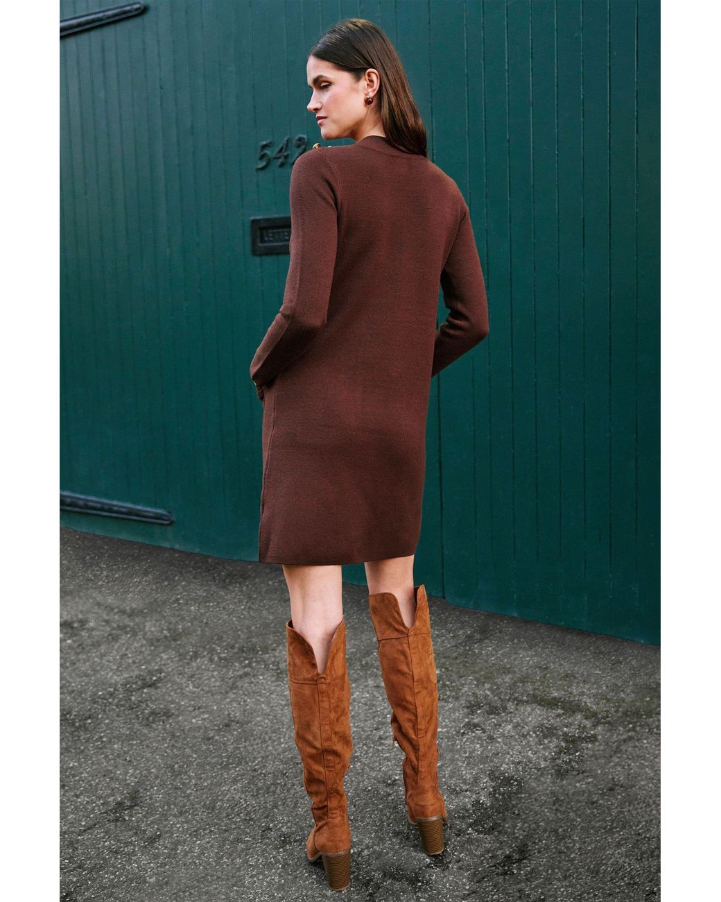 Yumi' Brown Knitted Tunic Dress With Hardware Details