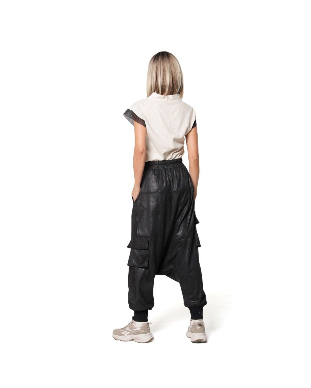 Metamorph Black Faux Suede Drop Crotch Trousers With Cargo Pockets