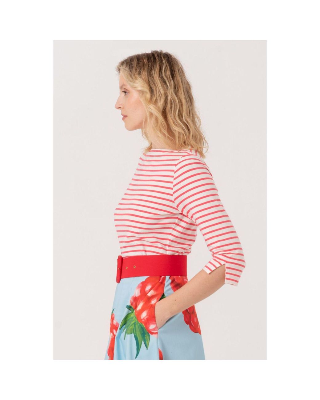 Marianna Déri Pink Top With Boat Neckline-Cream Striped