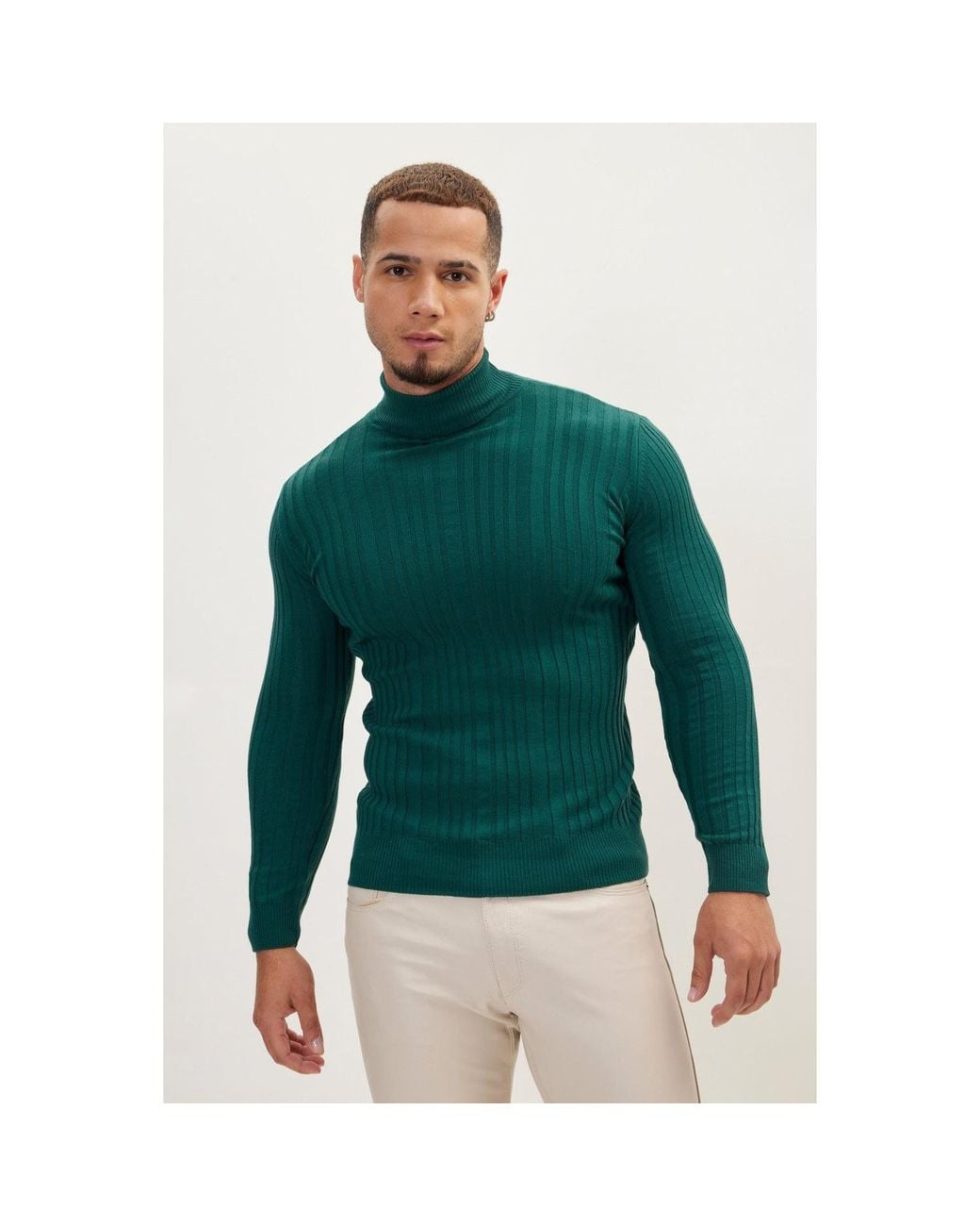 Ron Tomson Green Roll Neck Ribbed Sweater for men