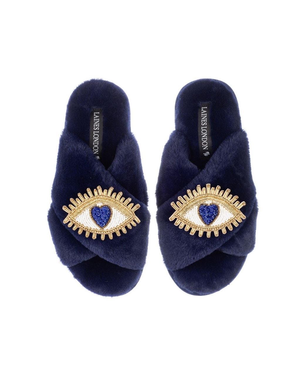 Laines London Blue Classic Laines Slippers With Double Love Eye Brooches