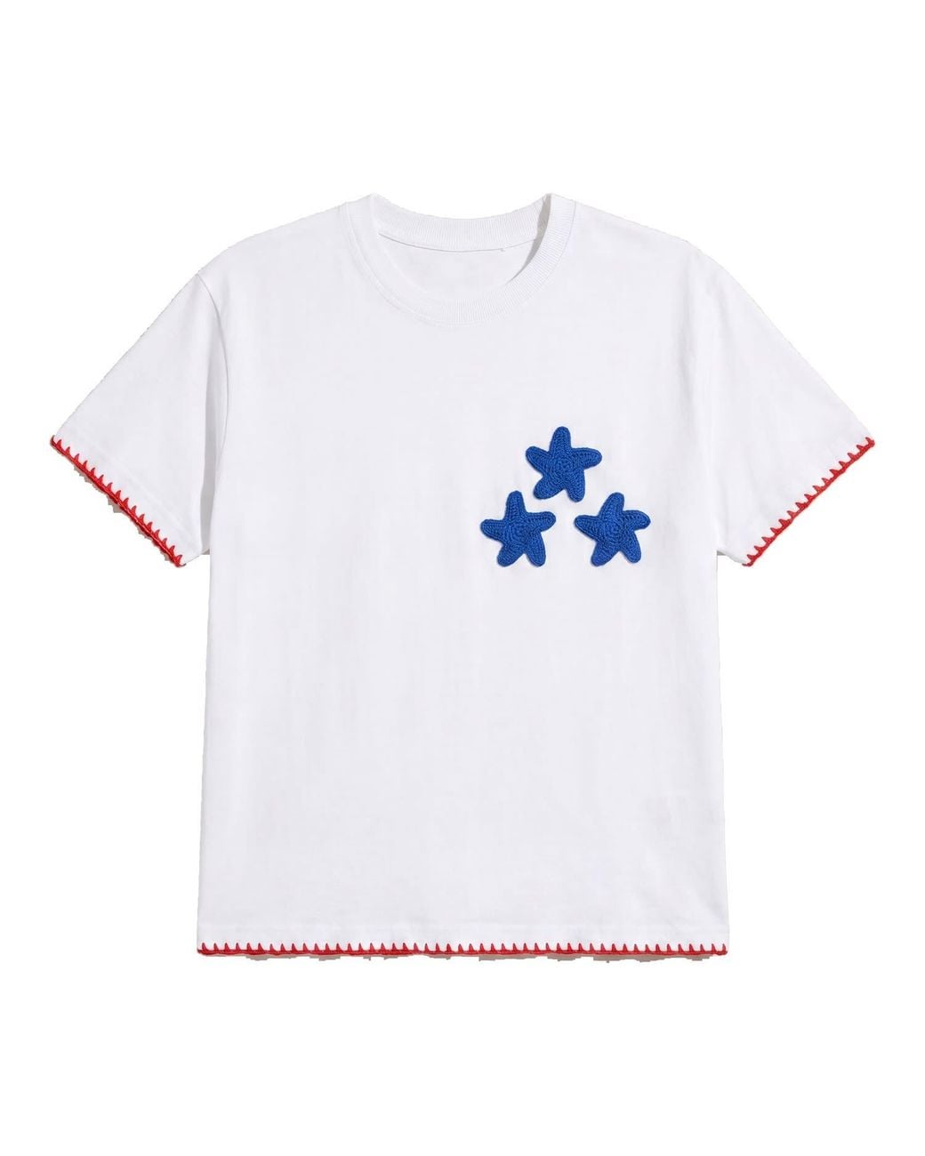 Ana Chic White Star Handmade Crochet Applique Cotton Tee