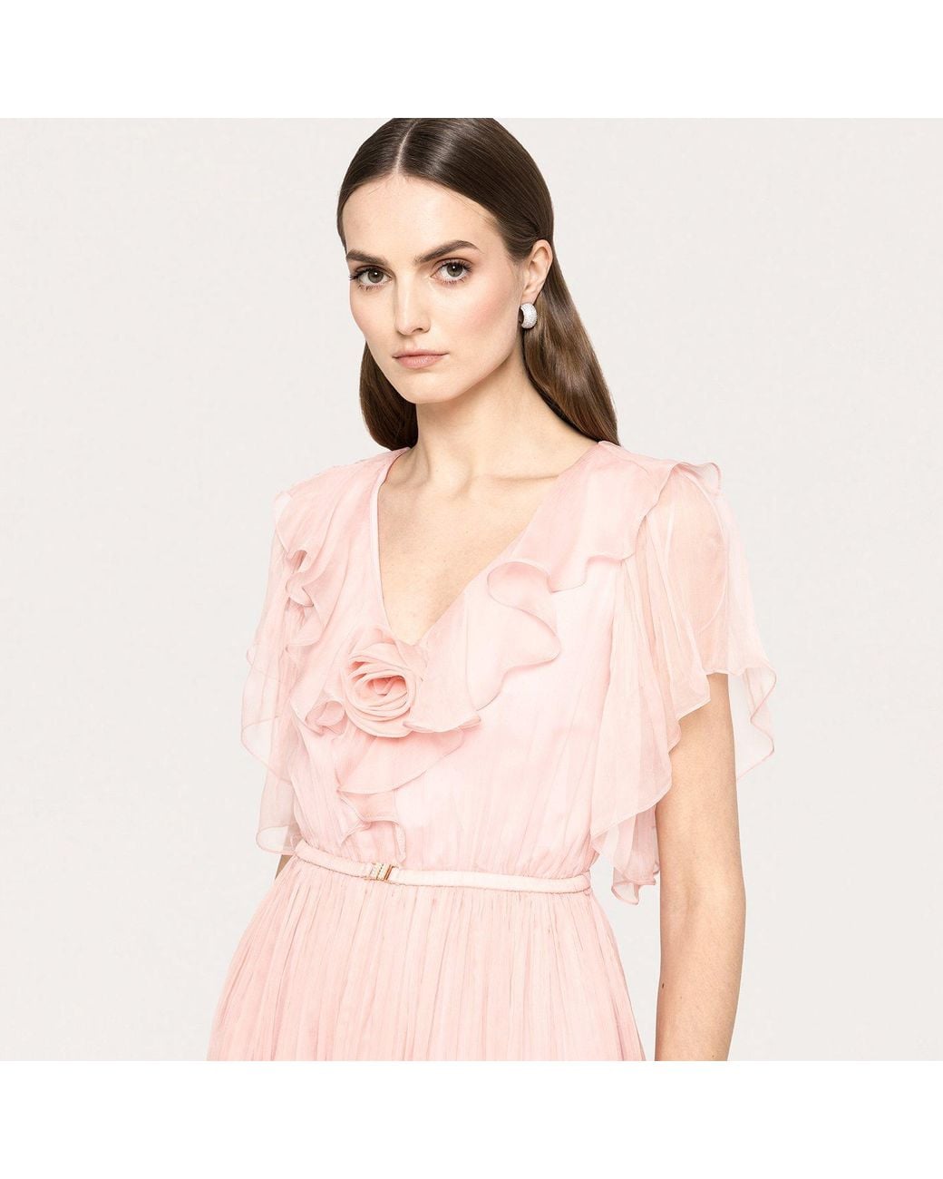 Nissa Pink Floral-Appliqué Silk Midi Dress