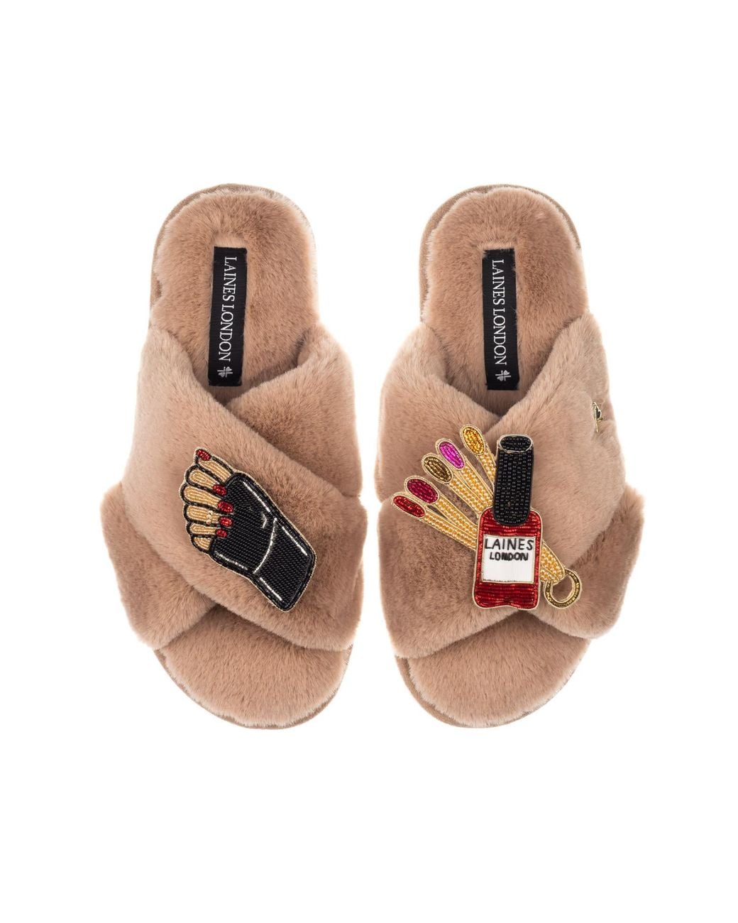 Laines London Brown Neutrals Classic Laines Slippers With Nail Tech Brooches
