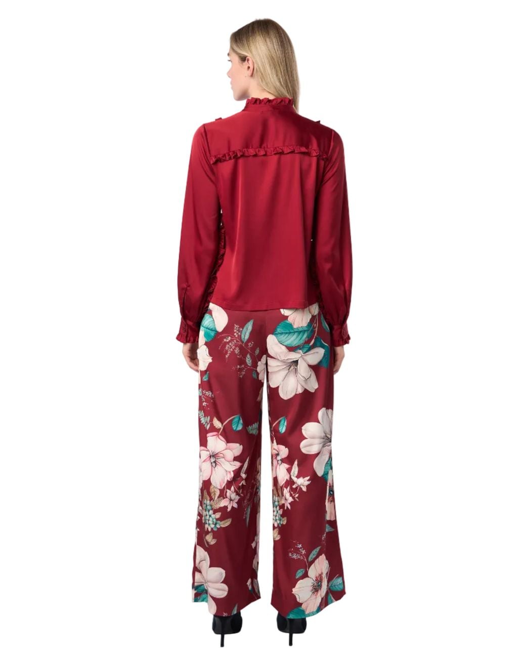 Carloslines Red Ruffle Stand Collar Long Sleeve Shirt