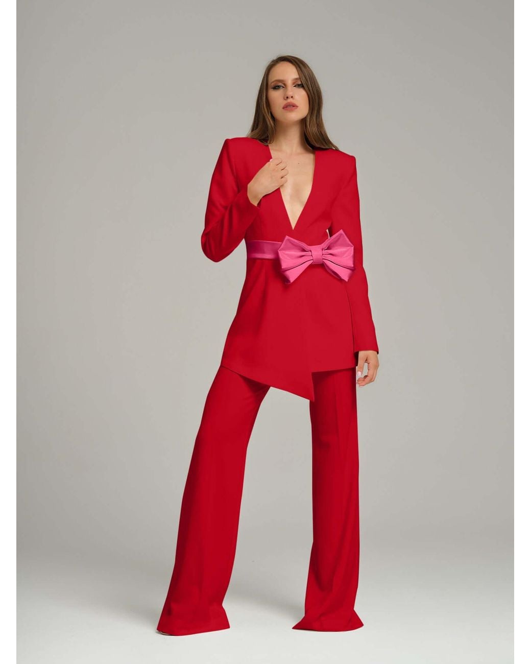 Tia Dorraine Red Pearl Blazer With Detachable Bow Belt
