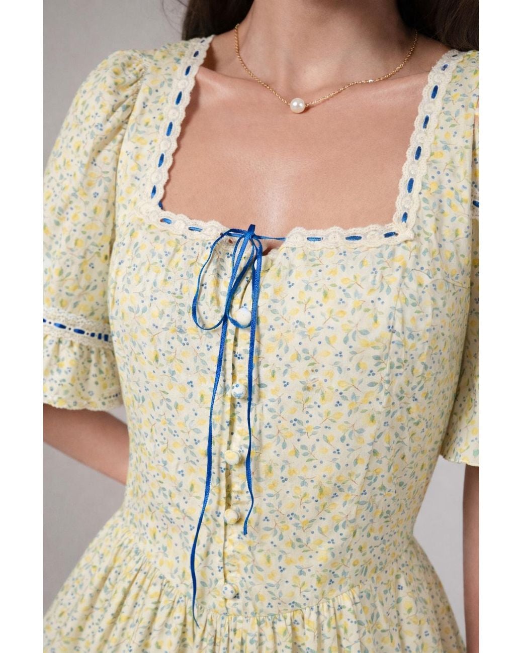 Rose & Nancy Yellow Mori Lemon Print Maxi Dress