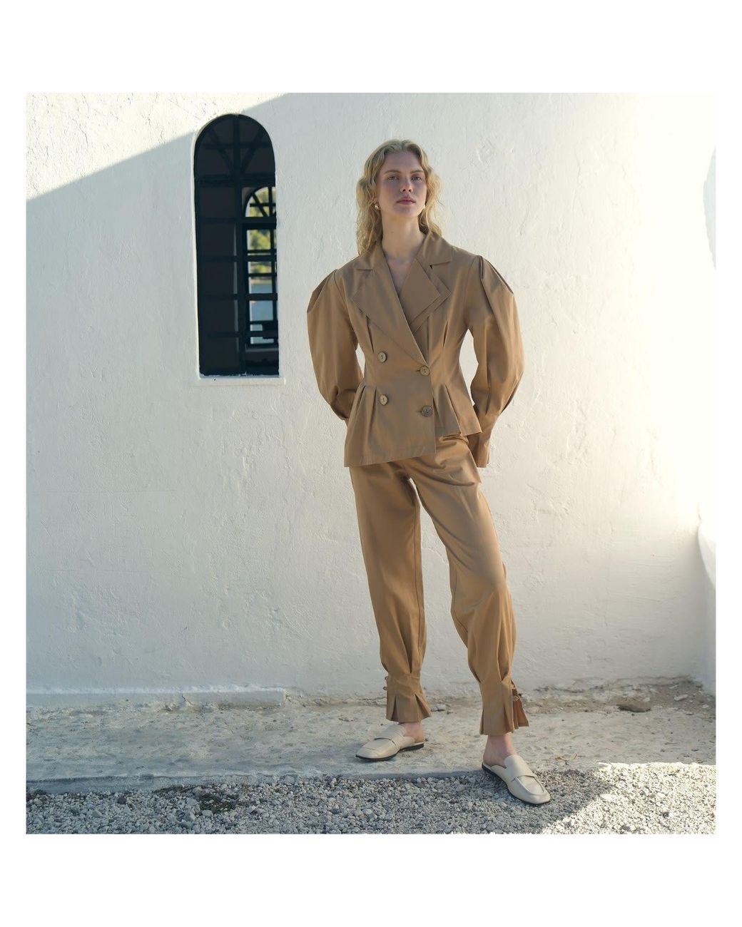 NAZLI CEREN Natural Raff Cotton Puff Sleeved Jacket