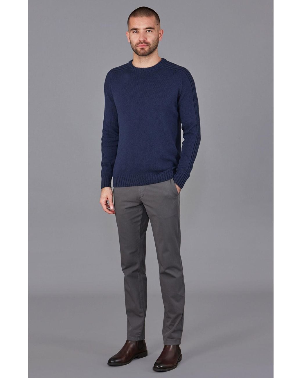 Paul James Knitwear Blue Organic Cotton Alexander Crew Neck Jumper for men