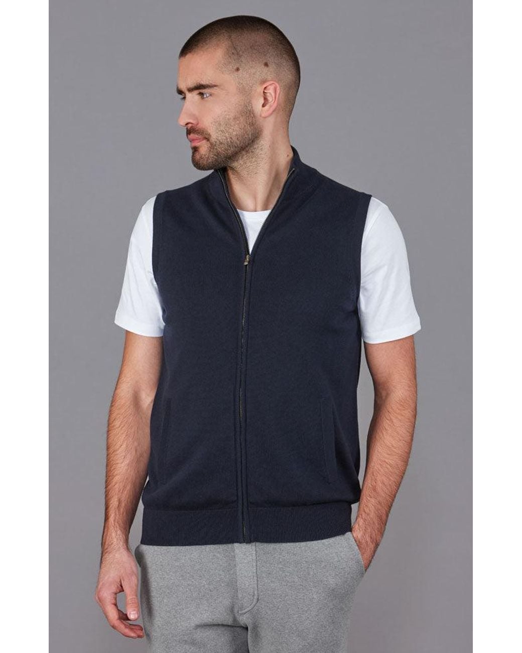 Paul James Knitwear Blue Lightweight Cotton Zip Through Andrew Gilet for men