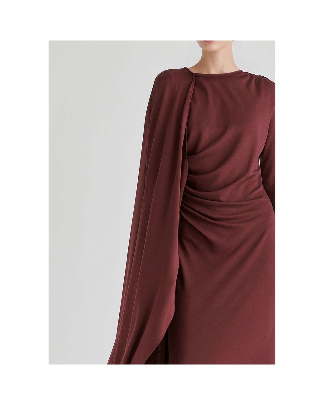 Paisie Red Asymmetrical Cape Sleeve Lyocell Jersey Midi Dress