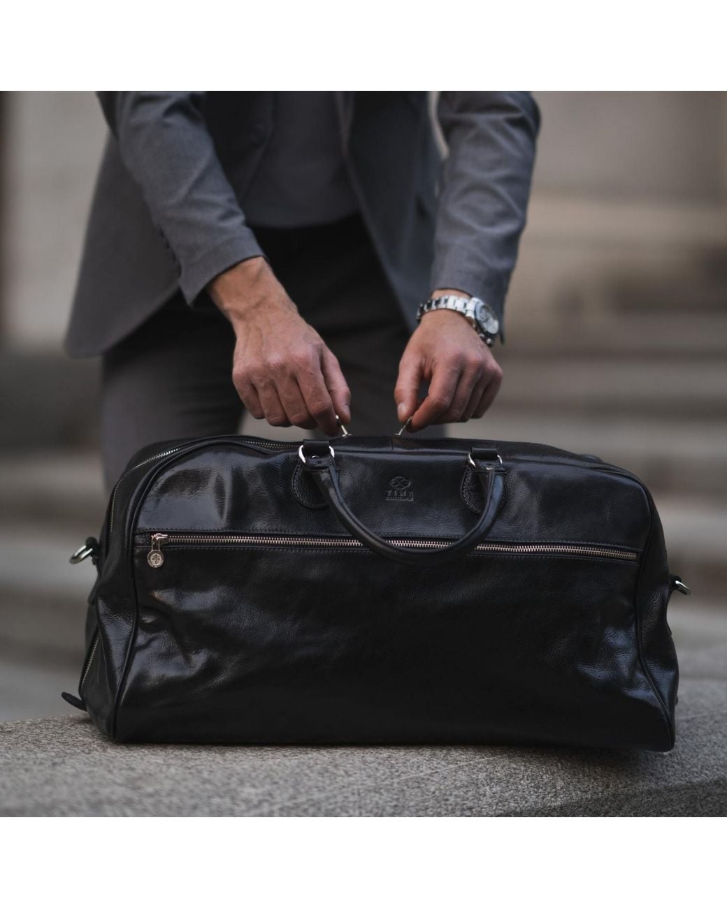 Time Resistance Black Leather Duffel Bag for men