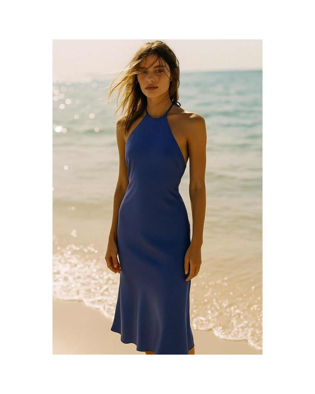 2KStyle Blue Alexander Open-Back Halterneck Satin Midi Dress