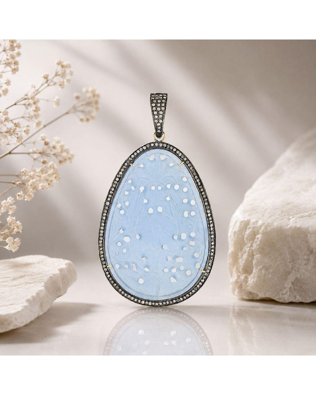 Artisan Blue Carved Agate Gemstone With Pave Diamond In 18k Gold & Silver Oval Cut Pendant
