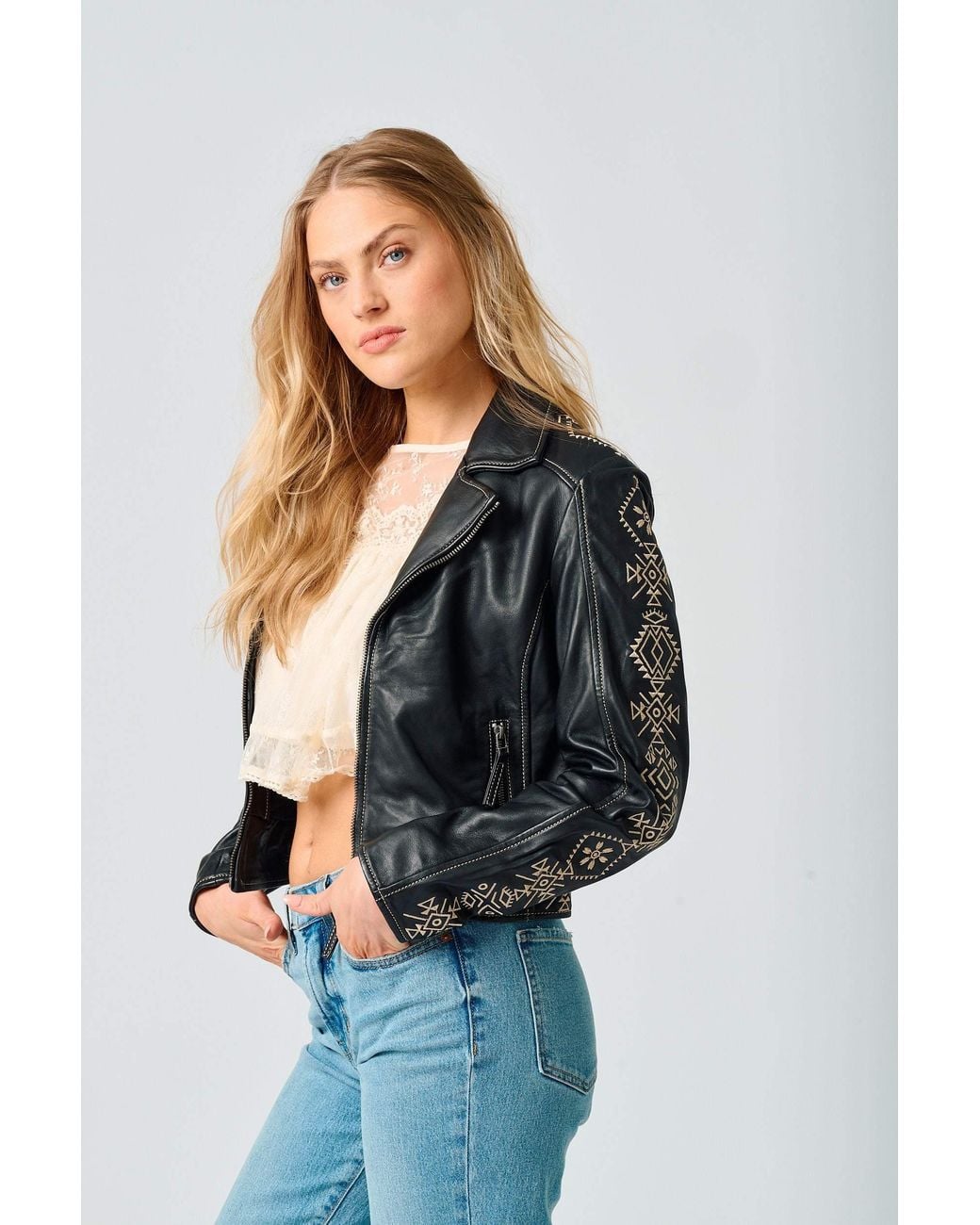 Mauritius Black Embroidered Leather Jacket Cora