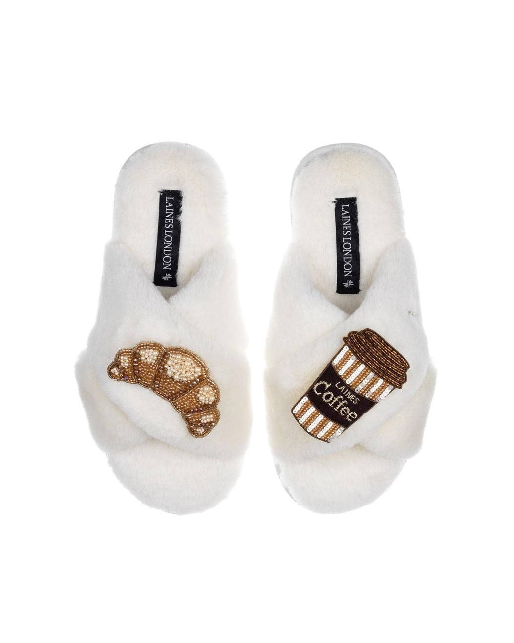 Laines London White Classic Laines Slippers With Coffee Cup & Croissant Brooches
