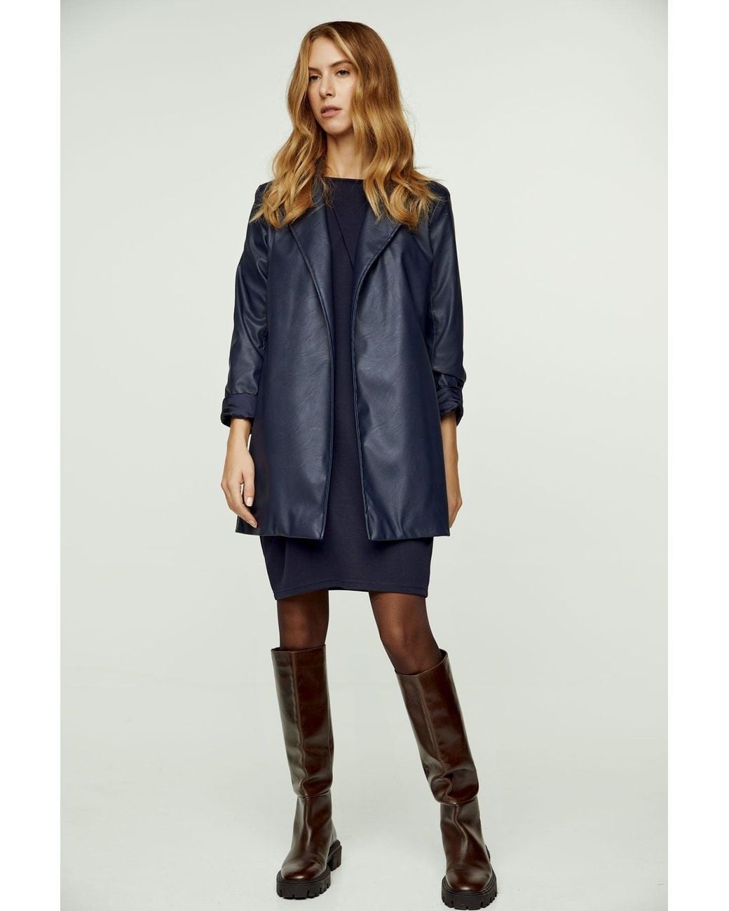 Conquista Blue Faux Leather Jacket With Belt