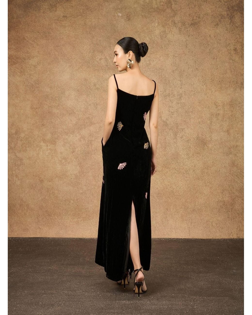 Silk and Bears Black Hand-Embroidered Fan-Motif Silk Velvet Maxi Slip Dress