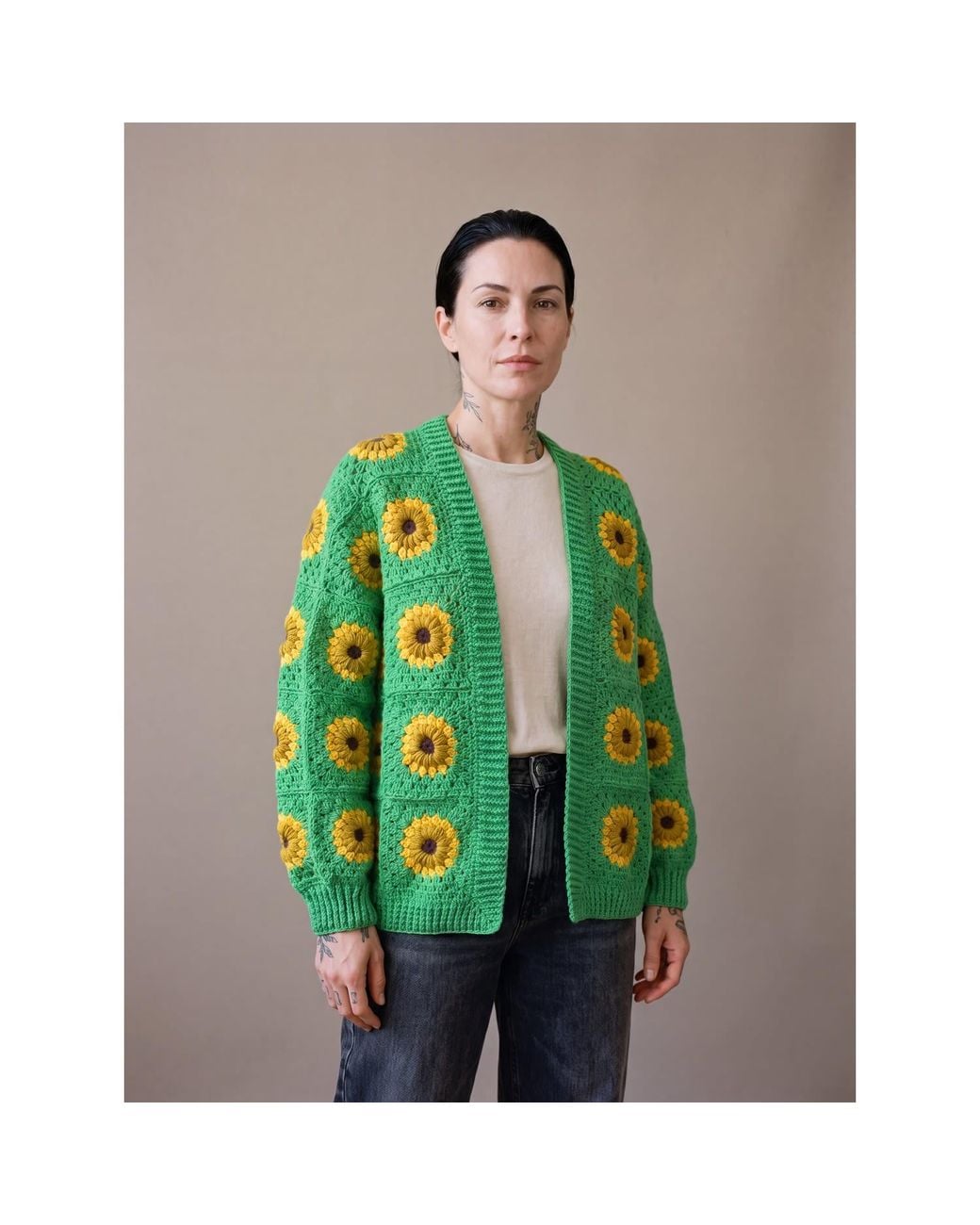 Ana Chic Green Grass Sunflower Handmade Crochet Cardigan