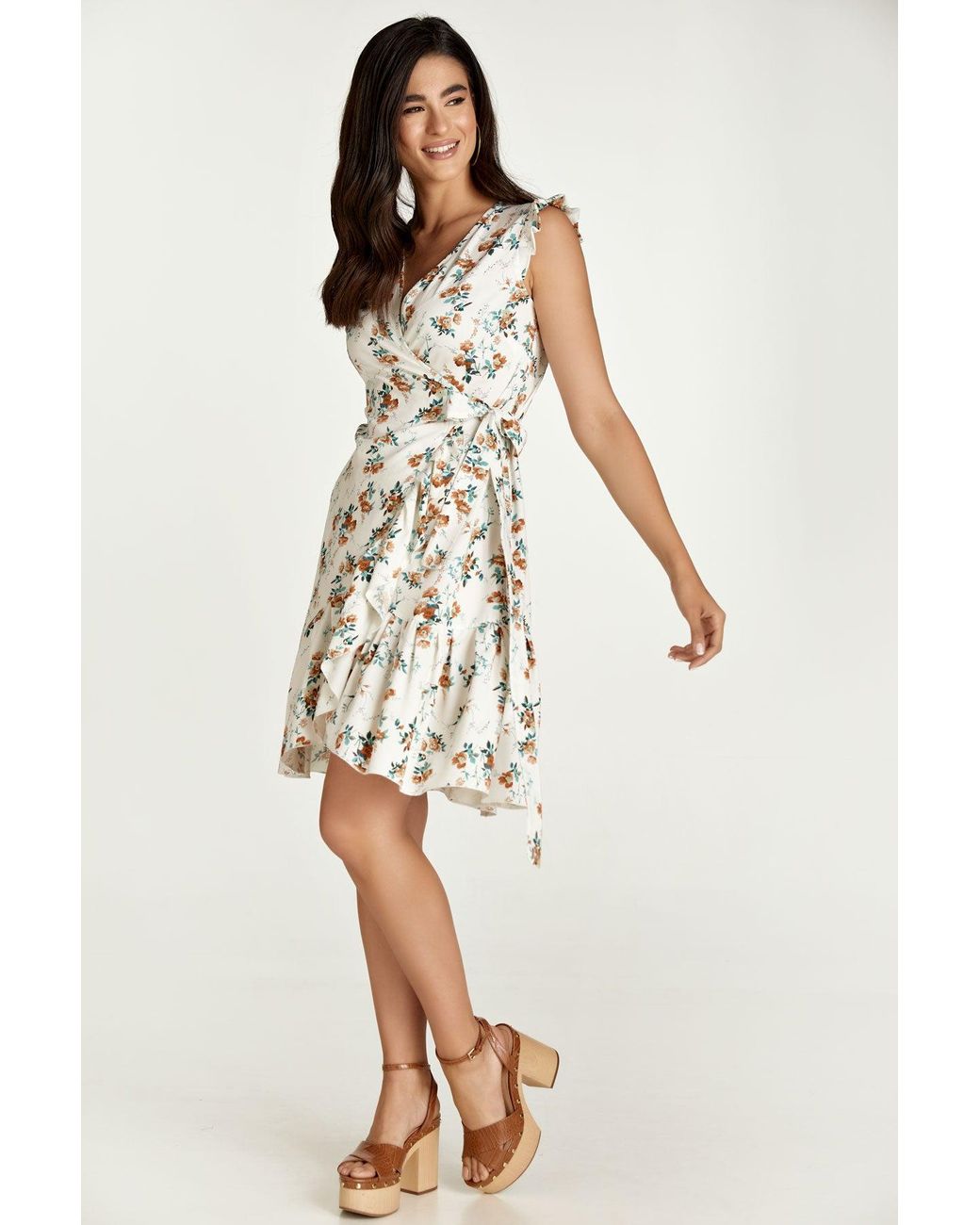 Conquista White Neutrals Ecru Floral Wrap Dress